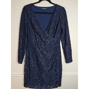 Lauren Ralph Lauren Dress Blue Sequin Lace Faux Wrap Cocktail Holidays Size 12P